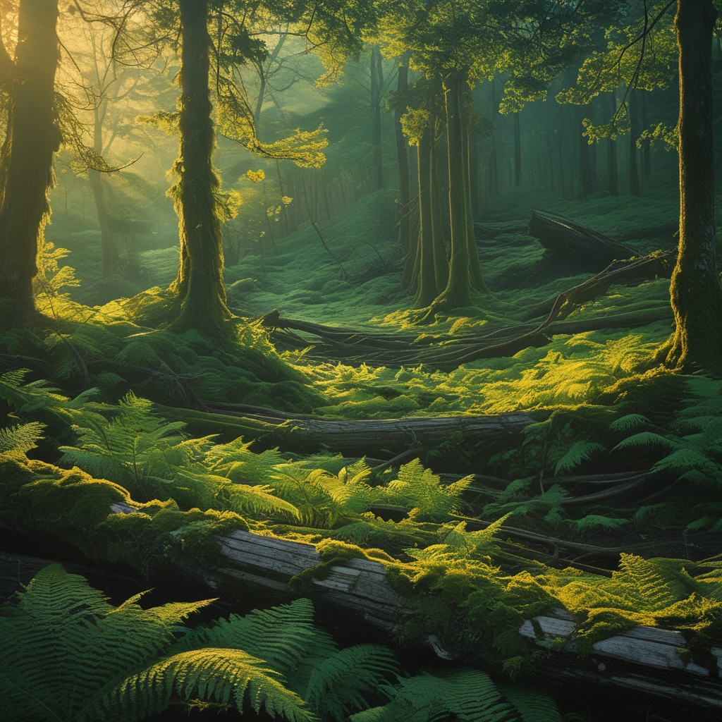 Close-up of dense green forest undergrowth with layers of ferns, mossy logs, and filtered sunlight, illustrating natural ecosystem complexity and interdependence