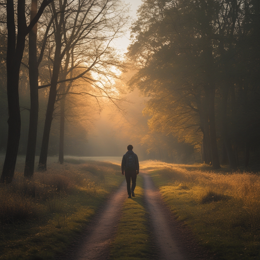 Peaceful morning landscape with a solitary figure walking along a wide woodland path, soft golden morning light creating long shadows through the trees, calm and contemplative atmosphere