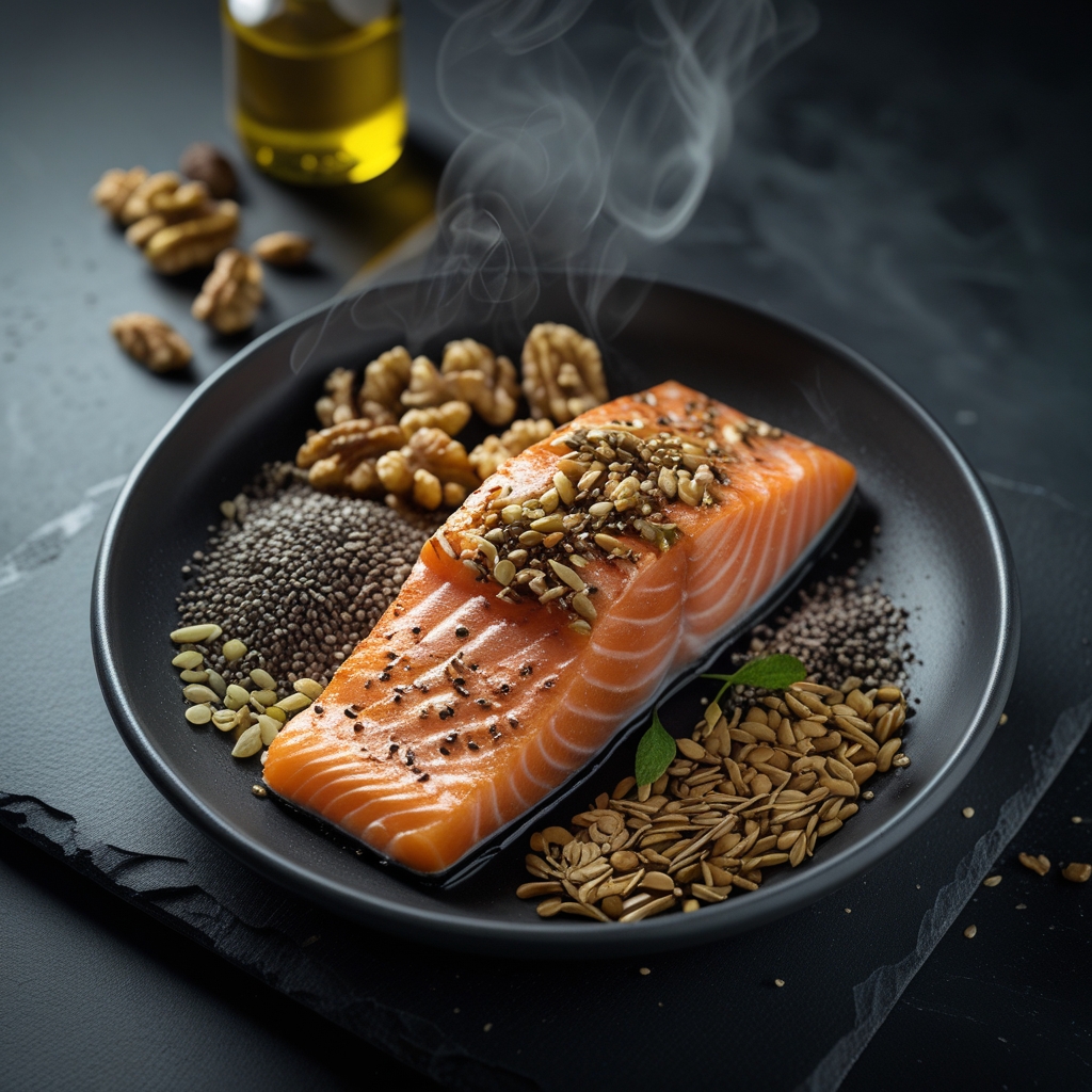 Bowl of wild-caught salmon fillet alongside flaxseeds, walnuts, and chia seeds on a dark slate surface, with a small glass bottle of golden oil, natural light, food photography style
