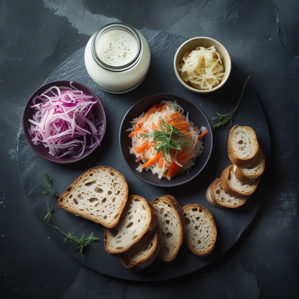 Artistic overhead composition of gut-supportive fermented foods: kefir in a glass jar, sauerkraut, kimchi, and sliced sourdough bread on a textured stone background with moody low-key lighting