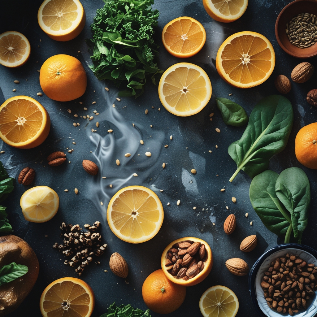 Assortment of colourful whole foods arranged on a stone surface: halved citrus fruits, leafy greens, nuts, and seeds photographed with natural side lighting emphasising texture and freshness